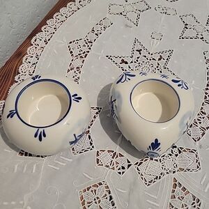 Pair Vtg Dutch Delft Blue Floral Tealight Candle Holders Holland Heart & Round